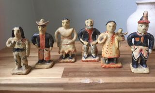 : Charming Rustic Set Of 6 - Handmade Mexican Clay Figurines From The 1940s :