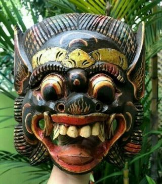 Art Balinese Mask Dragon Wood Hand Carving Decor Wall Barong Tongue Tiki