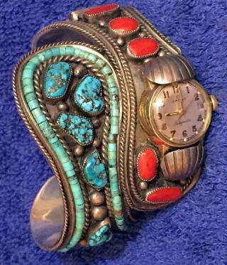 Silver Turquoise & Red Coral Cuff Bracelet Watchband With Gold Omega Watch 1970s