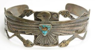 Vintage Navajo Sterling Silver Old Pawn Stamped Thunderbird Snakes Cuff Bracelet
