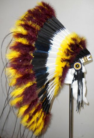 Native American Navajo Indian Headdress 36 " Wild Sky Burgundy & Yellow