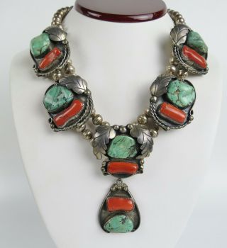 Big 128g Sterling Navajo Native American Squash Blossom Coral Turquoise Necklace
