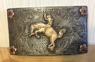 Vtg Rodeo Bareback Cowboy Sterling Silver 10k Gold Ruby Belt Buckle Fct Mexico