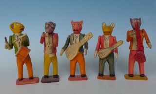 Set Of 5 Vintage Mexican Wood Carved Musicians Oaxaca 7 1/2 " To 8 1/4 " Tall