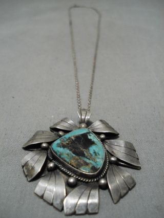 Huge Unique Vintage Navajo Cortez Turquoise Sterling Silver Flower Necklace Old
