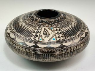 Myron Charley Native American Navajo Etched Pottery W/ Inlaid Turquoise