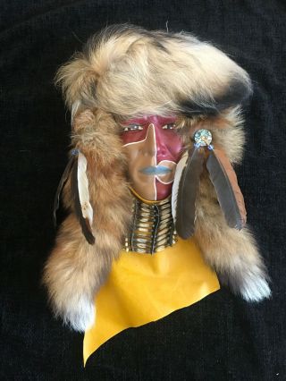 Native American Spirit Mask Indian Wall Decor With Real Fur,  Shells And Leather