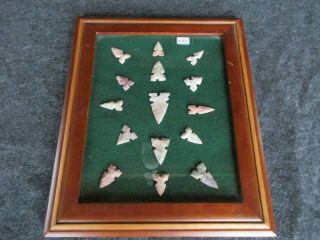 Native American Arrowheads,  15 - Ct Set,  Collector Mounted & Framed Set,  Chi K - 40