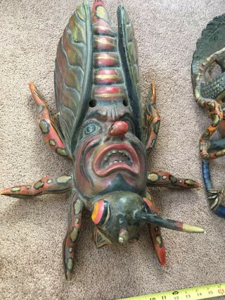 Grasshopper Man Painted Carved Wood Face Wall Mask - Vintage Oddity