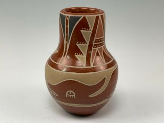 Fine Signed Celestina Santa Clara Native American Redware Vase Avanyu Design