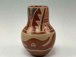 Fine Signed Celestina Santa Clara Native American Redware Vase Avanyu Design 3