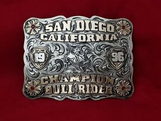1996 Rodeo Trophy Belt Buckle San Diego California Champion Bull Rider Vtg.  418