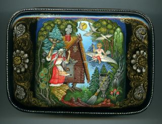 Russian Lacquer Box Palekh.  " Baba Yaga And Geese - Swans.  " Hand Painted