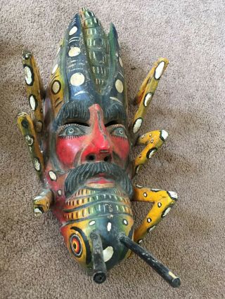 Grasshopper Man Painted Carved Wood Face Wall Mask - Mexico