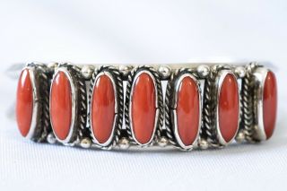 Vintage Native American Indian Navajo Coral Sterling Silver Row Cuff Bracelet