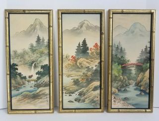Set Of 3 Asian Chinese Ink Watercolor On Silk Landscape Paintings Bamboo Frames