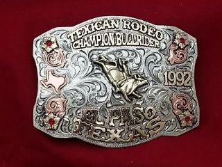 1992 Rodeo Trophy Belt Buckle El Paso Texican Texas Bull Riding Champion 851