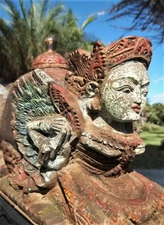 Antique/Vintage Balinese Polychrome Carved Wood Winged Deity Temple Offering Box 3