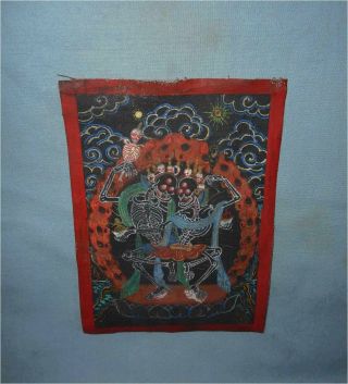 Antique Tibet Top High Aged Buddhist Tantric Tsakli Thangka Citipati Skulls