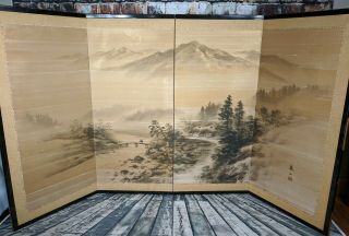 Vintage Japanese Silk Screen Painting 4 Panel Half Room Divider Asian 66 " X 36 "