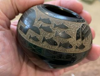 Famous Santa Clara Pueblo Potter Goldenrod Bowl,  Turtles,  Fish Theme