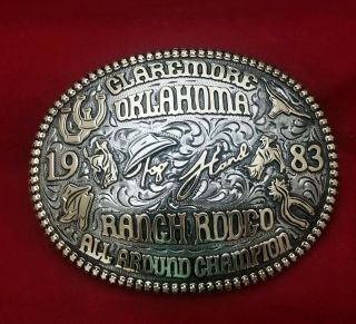 1983 Rodeo Trophy Belt Buckle Claremore Oklahoma Top Hand Champion Vintage 232