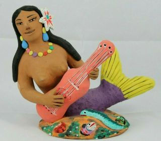 Lg Ceramic Mermaid Figurine Mexico Folk Art Signed Josefina Aguilar Decor Guitar