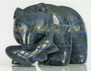 Vtg Zuni Hand Carved Lapis Gemstone Bear W Fish Figurine Fetish Trinket Wildlife