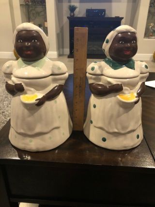 2 Vintage Mccoy Black Americana Mammy Aunt Jemima Cookie Jars Ceramic 13” Polka