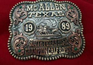 1989 Rodeo Trophy Belt Buckle Vintage Mcallen Texas Roping Champion 102