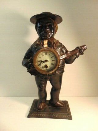 Vintage 14 Inch Tall Cast Iron Black Man With Banjo Clock