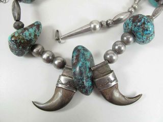 Vintage Navajo Silver Bead,  Nevada Blue Turquoise & Claw / Talon Necklace Signed