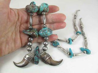 Vintage Navajo Silver Bead,  Nevada Blue Turquoise & Claw / Talon Necklace Signed 2