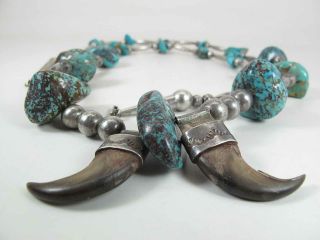 Vintage Navajo Silver Bead,  Nevada Blue Turquoise & Claw / Talon Necklace Signed 3