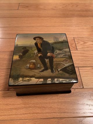 Vintage Fedoskino Russian Lacquer Large Hand Painted Fishing Stove Box 2