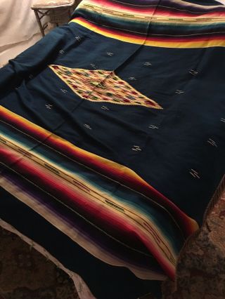 Vintage Mexican Serape Saltillo 6’ X 7’ Wool Kilim Weaving Rug Blanket Indigo