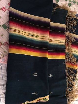 Vintage Mexican Serape Saltillo 6’ X 7’ Wool Kilim Weaving Rug Blanket Indigo 3