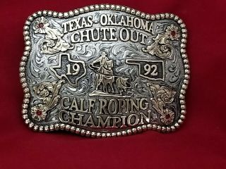 1992 Rodeo Trophy Buckle Texas / Oklahoma Calf Roping Champion Vintage 154