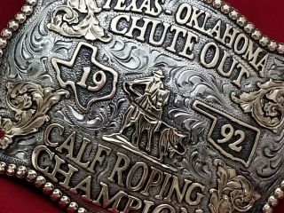 1992 RODEO TROPHY BUCKLE TEXAS / OKLAHOMA CALF ROPING CHAMPION VINTAGE 154 3