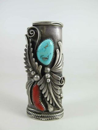 Vintage Navajo Sterling Silver,  Turquoise & Coral Lighter Case Signed Dkl