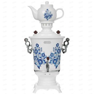 Russian Samovar Electric Kettle Tea Teapot Painted Tula Gzhel Alice White