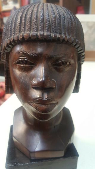 Ebony Iron Wood Carving Of African Female Tribal Head Bust Statue
