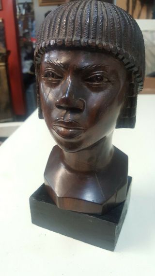 Ebony Iron Wood Carving of African Female Tribal Head Bust Statue 2