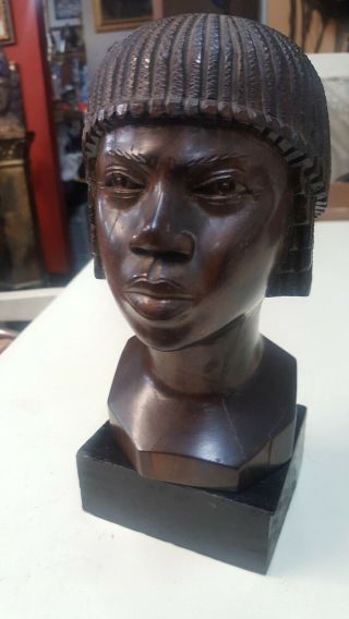 Ebony Iron Wood Carving of African Female Tribal Head Bust Statue 3