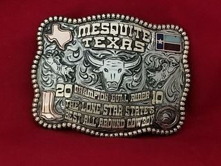 2010 Rodeo Trophy Belt Buckle Mesquite Texas Bull Riding Champion Vintage 434