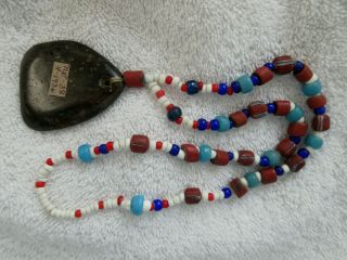 Strand Of Old California Trade Beads And Stone Pendant With Docs - - Nr