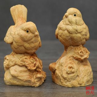 3 " China Natural Wood Hand Carved Boxwood Little Bird Statue A Set 2pc