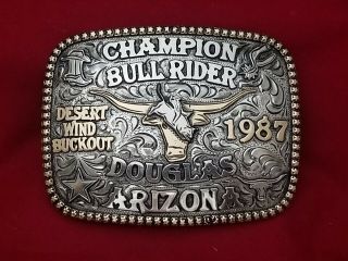 1987 Trophy Rodeo Belt Buckle Vintage Douglas Arizona Bull Riding Champion 299