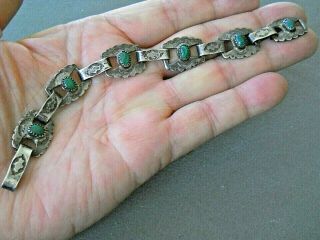 Old Native American Indian Malachite Sterling Silver Stamped Panel Bracelet