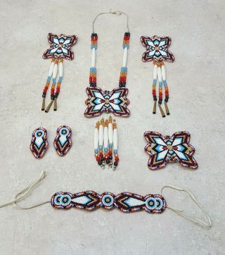 Matching 7 Piece Hand Crafted Cut Beaded Native American Indian Dance Set